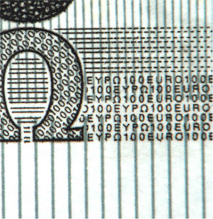Mikroschrift auf der Vorderseite einer 100-Euro-Banknote
