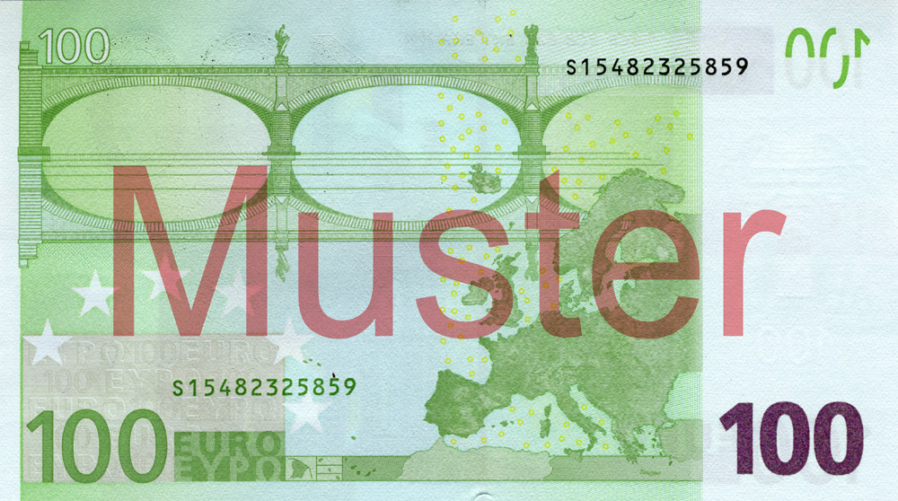 100-Euro-Banknote, 1. Serie - Rückseite ©Bundesbank