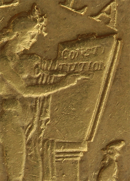 Der geflügelte Genius Frankreichs schreibt mit dem Zepter der Vernunft das Wort "CONSTlTUTION" (Verfassung) auf eine Tafel, Det