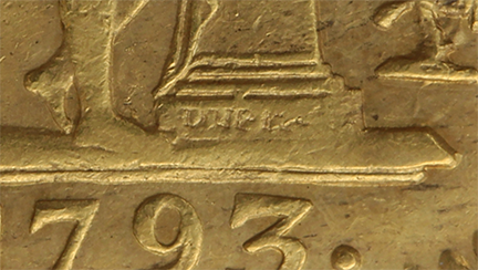Augustin Dupré hat seinen Namen im Sockel des Altars graviert, Detailausschnitt