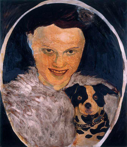 Cornelia Schleime, Woman with dog, 1994/95, acrylic, asphalt coat and shellac on canvas, 145 x 125 cm