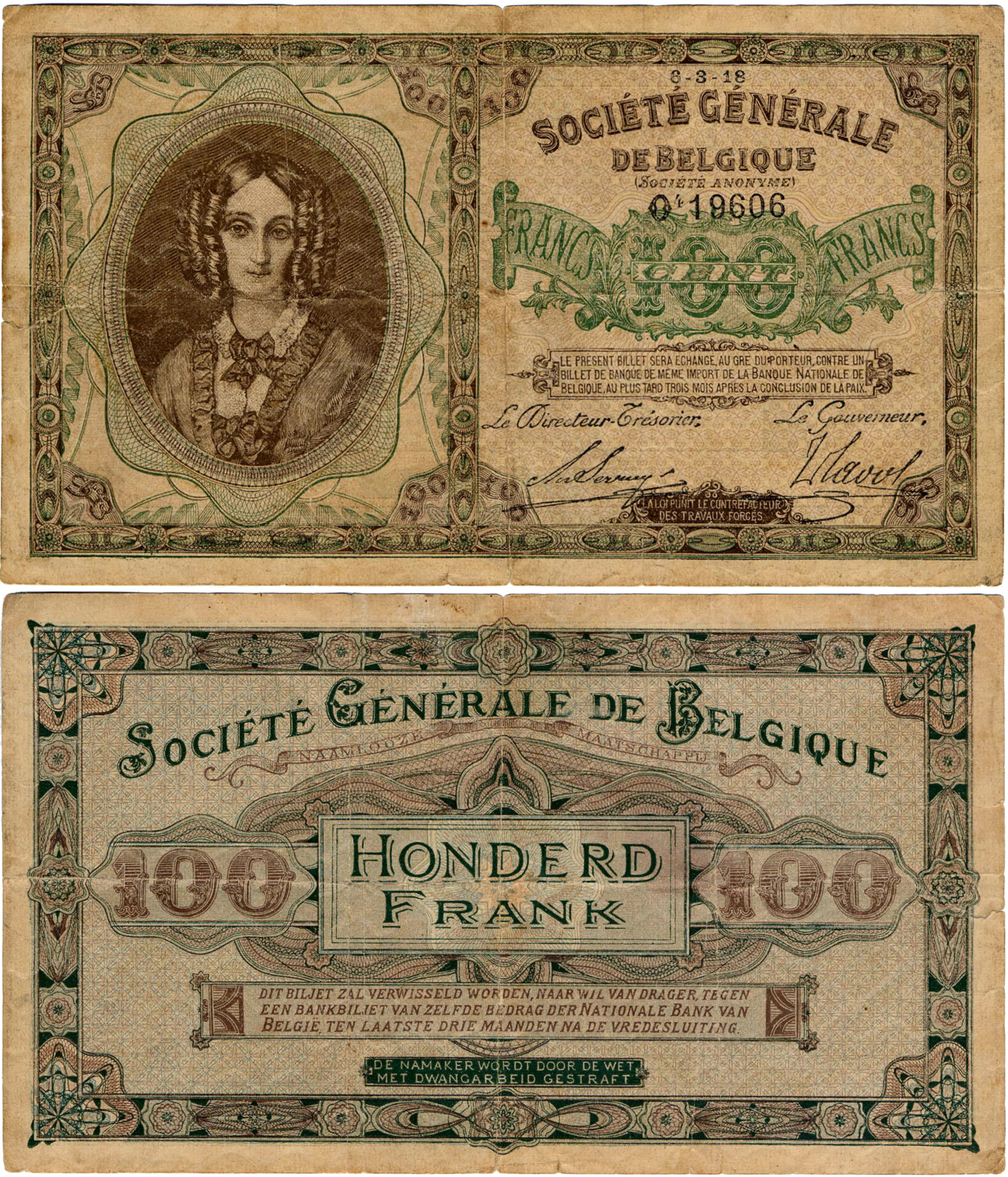 German occupation of Belgium, Société Générale de Belgique banknote, 100 francs, 6 March 1918