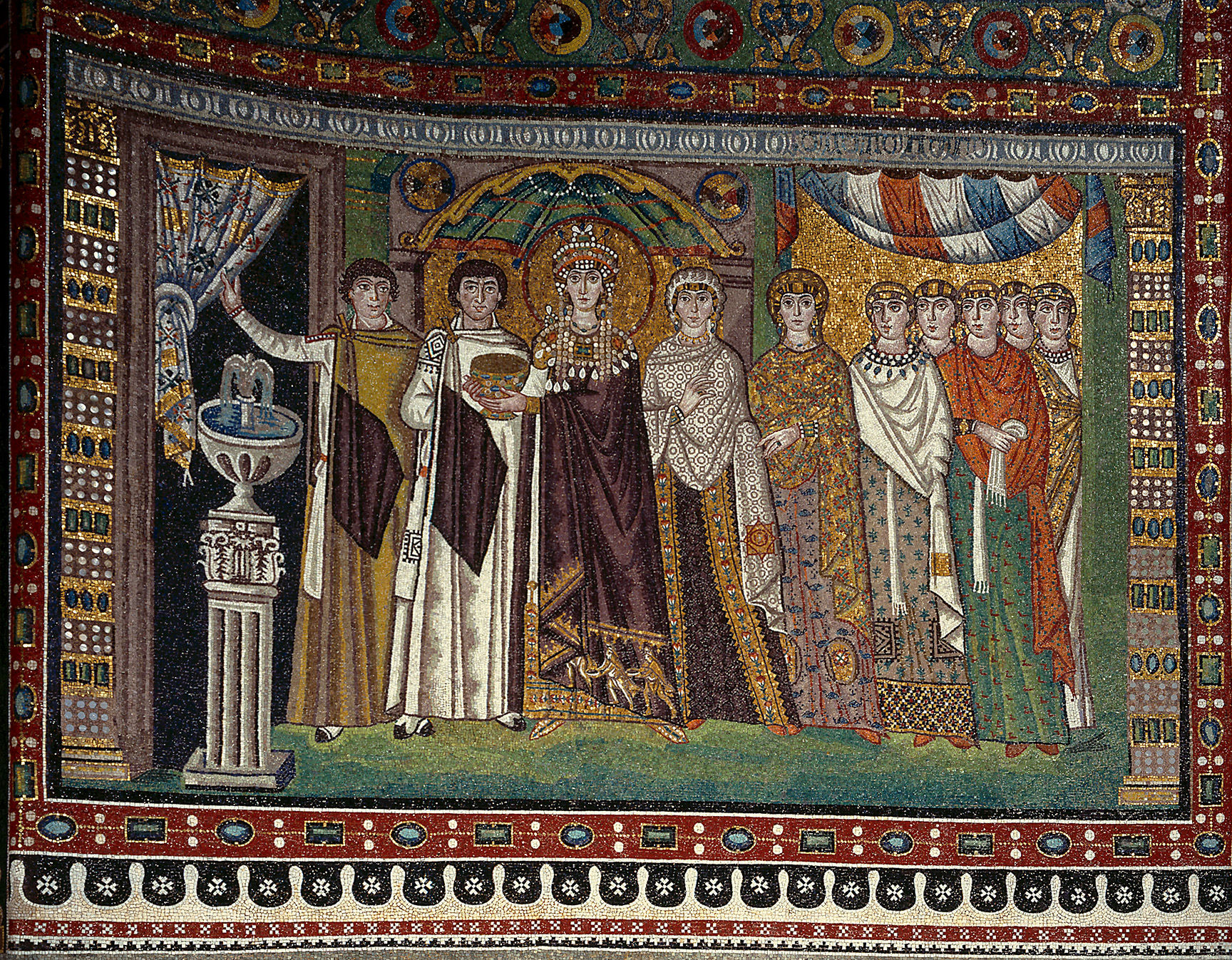 Mosaic in the Basilica of San Vitale in Ravenna (545-547), with a depiction of Theodora, wife of Emperor Justinian I.