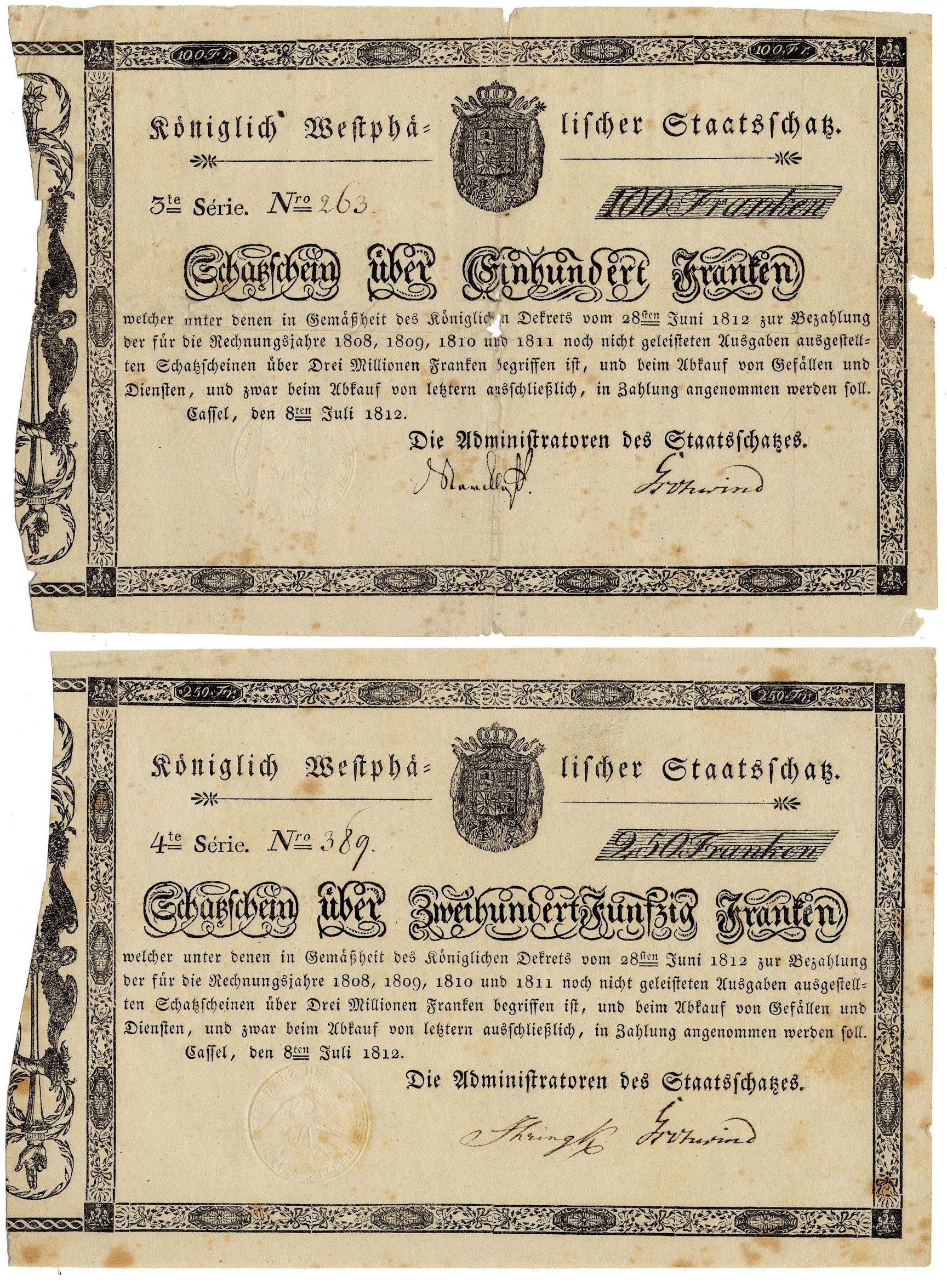 Kingdom of Westphalia, a 100 and 200-franc treasury note, 8 July 1812