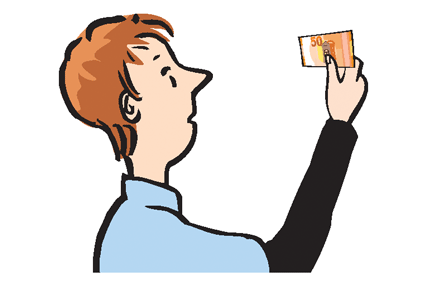 A woman viewing a €50 note against the light