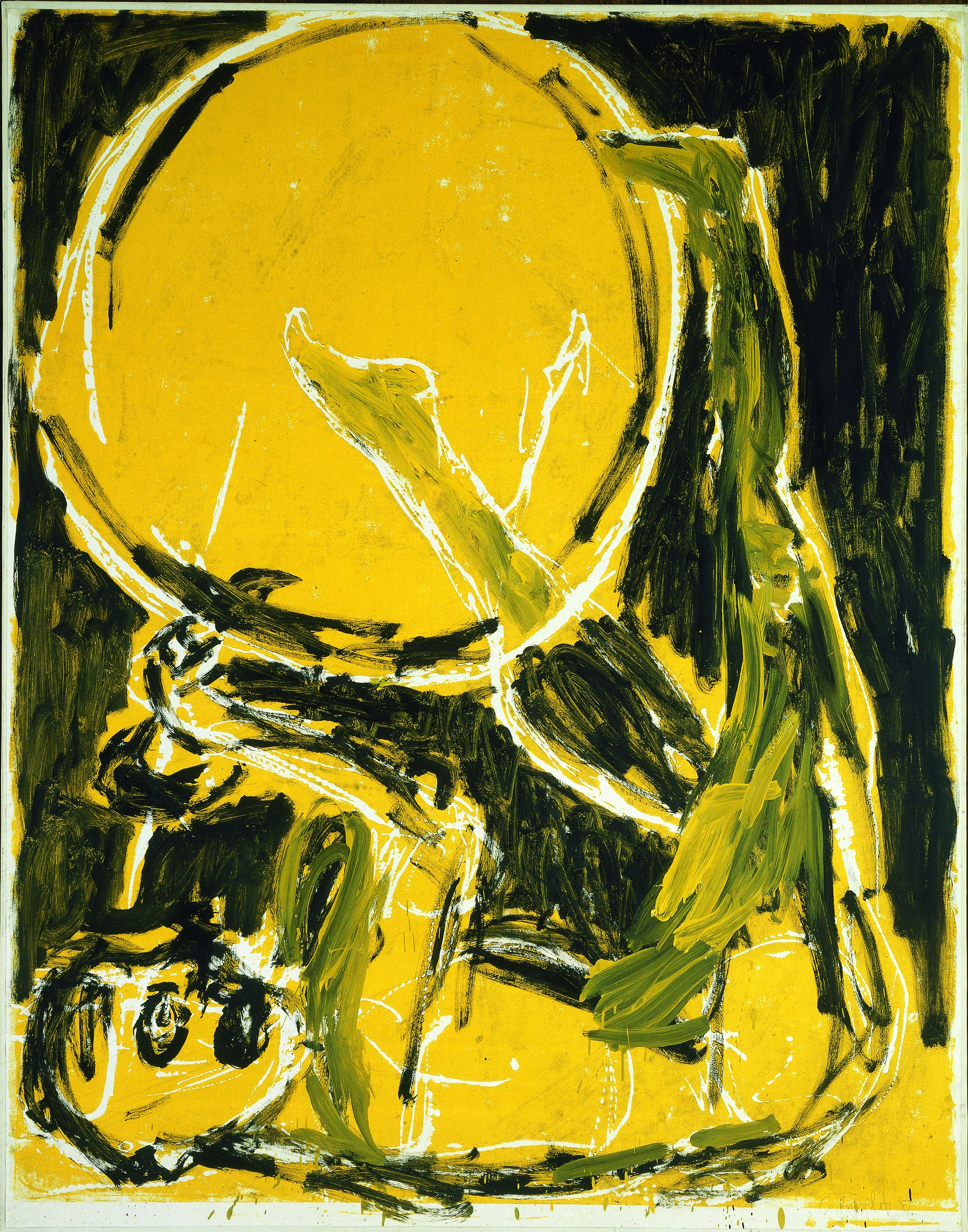 Georg Baselitz, Fahrradfahrer, 1982, Linolschnitt mit Öl überarbeitet, 196 x 152 cm