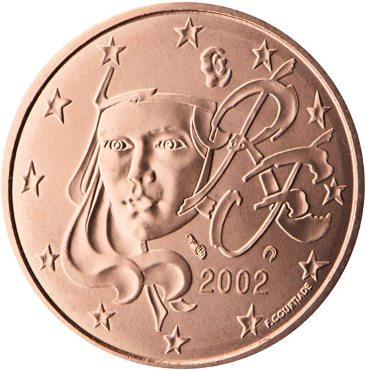 National back side of the 5, 2 and 1-cent coin in circulation in France