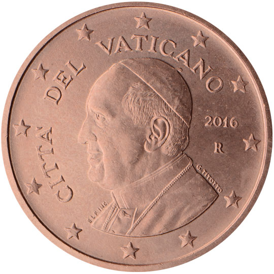 National back side of the 5, 2 and 1-cent coin in circulation in the Vatican, 4. series