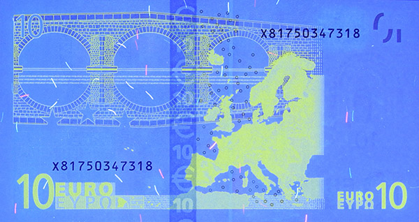 Hilfsmittel UV-Licht auf der Rückseite einer 10-Euro-Banknote