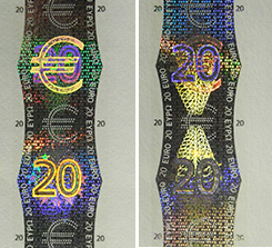 Hologramm auf der Vorderseite einer 20-Euro-Banknote