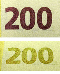 Farbwechsel auf der Rückseite einer 200-Euro-Banknote