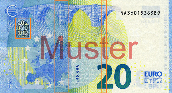 Sicherheitsmerkmale der 20 € - Banknote, Europa Serie