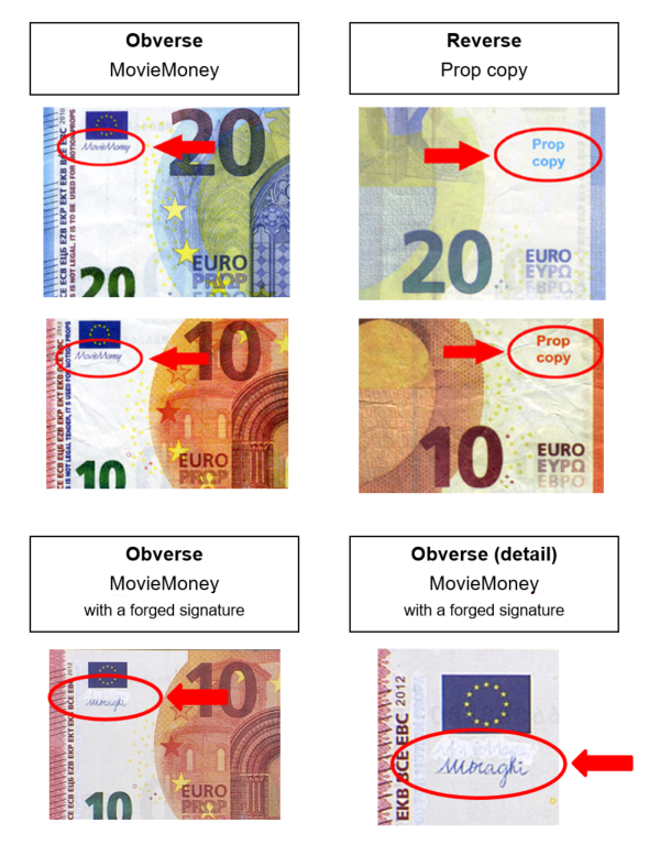 Fake banknotes “MovieMoney” and “Crop copy”