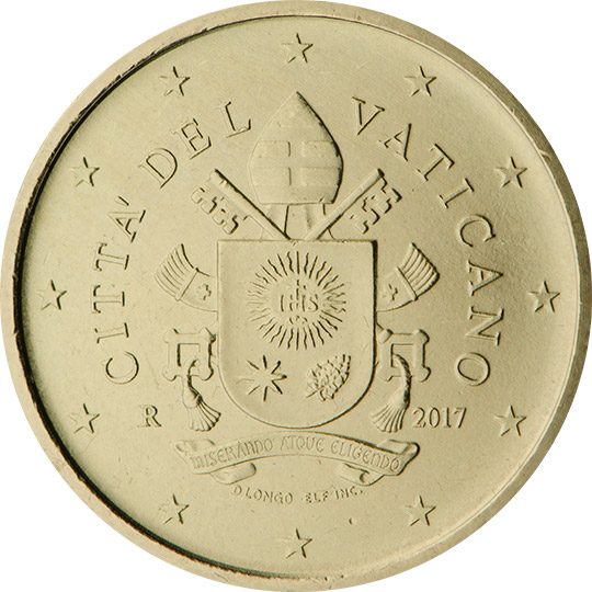 National back side of the 50, 20 and 10-cent coin in circulation in the Vatican, 5. series